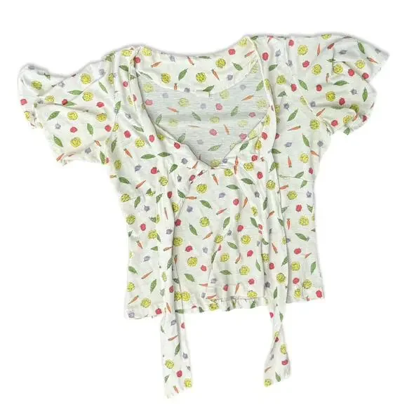 Vintage Tie Front Ivory Vegetable Print Carrot Tomato Peas Lettuce Tee size S - Picture 7 of 10